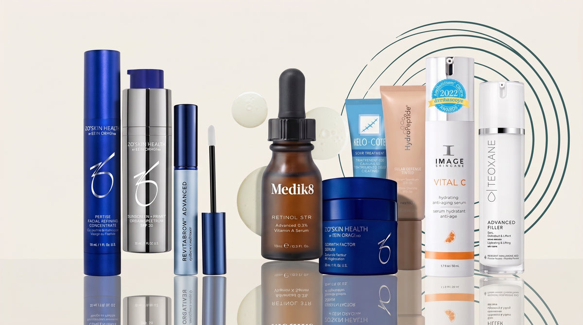 ZO Skin Health, Medik8, RevitaBrow, Kelo-Cote, HydroPeptide, IMAGE Skincare and Teoxane skincare products displayed together on a cream background with decorative teal ring graphics.
