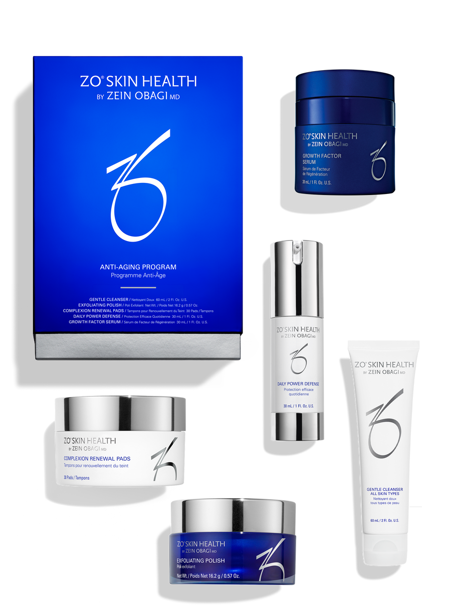 ZO Skin Health Anti-Aging Program kit box with Gentle Cleanser, Exfoliating Polish, Complexion Renewal Pads, Daily Power Defense and Growth Factor Serum | Celsia Skin
