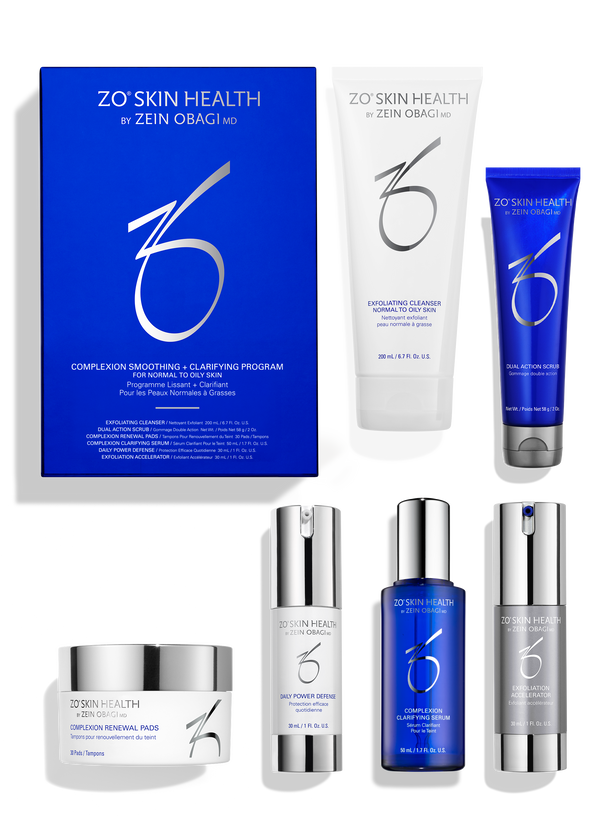 ZO Skin Health Complexion Smoothing + Clarifying Program kit box for normal to oily skin with Exfoliating Cleanser, Dual Action Scrub, Complexion Renewal Pads, Daily Power Defense, Complexion Clarifying Serum and Exfoliation Accelerator | Celsia Skin