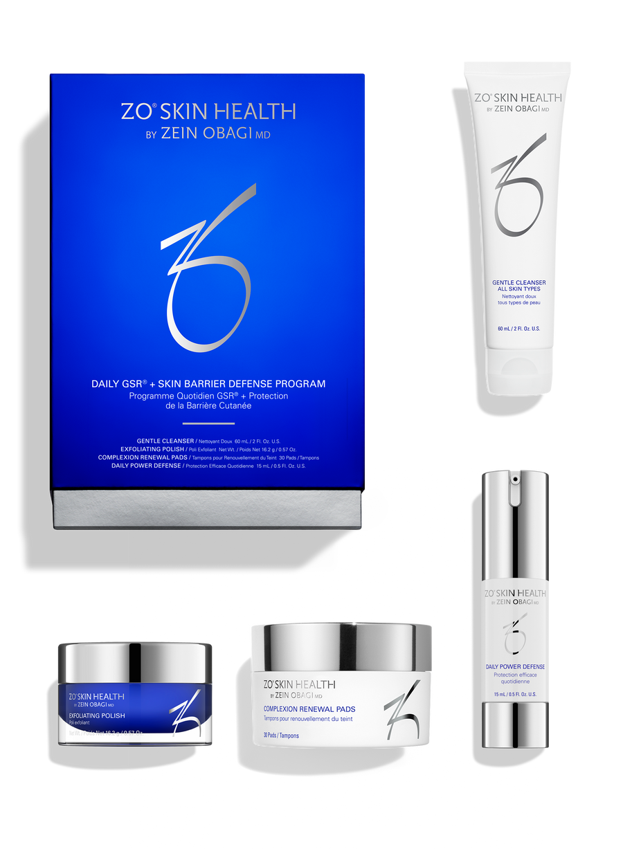 ZO Skin Health Daily GSR® + Skin Barrier Defense Program kit box with Gentle Cleanser, Exfoliating Polish, Complexion Renewal Pads and Daily Power Defense | Celsia Skin