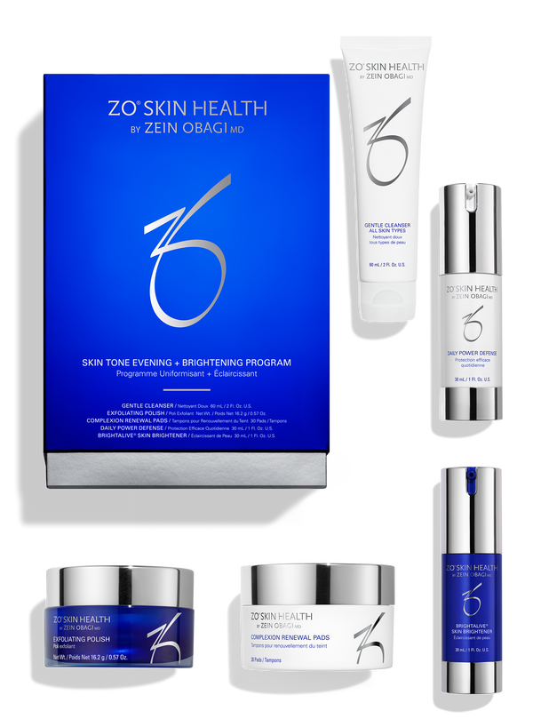 ZO Skin Health Skin Tone Evening + Brightening Program kit box with Gentle Cleanser, Exfoliating Polish, Complexion Renewal Pads, Daily Power Defense and Brightalive Skin Brightener | Celsia Skin