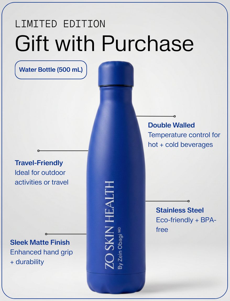 ZO Summer Essentials limited-edition 500ml water bottle infographic — double-walled stainless steel, travel-friendly, sleek matte finish, BPA-free